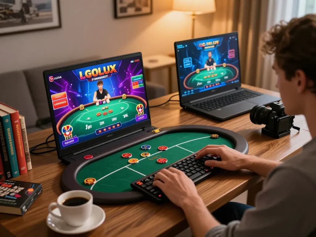 Play poker online using LGOLUX on a sleek laptop with engaging graphics.