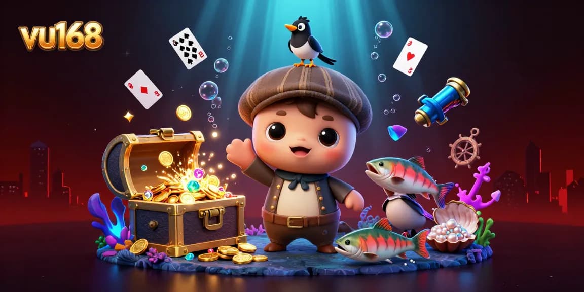 Engage in exhilarating gameplay at vu168, featuring playful 3D characters and vibrant casino elements.