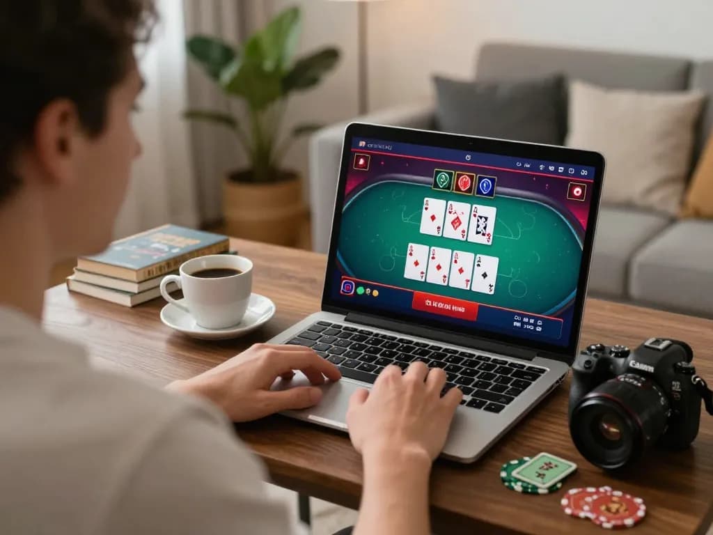 A player enjoying a live dealer 789club session on their laptop at home, highlighting responsible gaming.