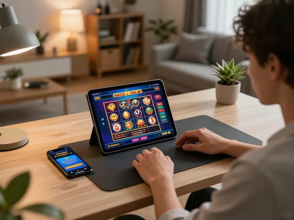 A person engaging in ดูหนังออนไลน์ while using a tablet for online gambling in a cozy home setting.