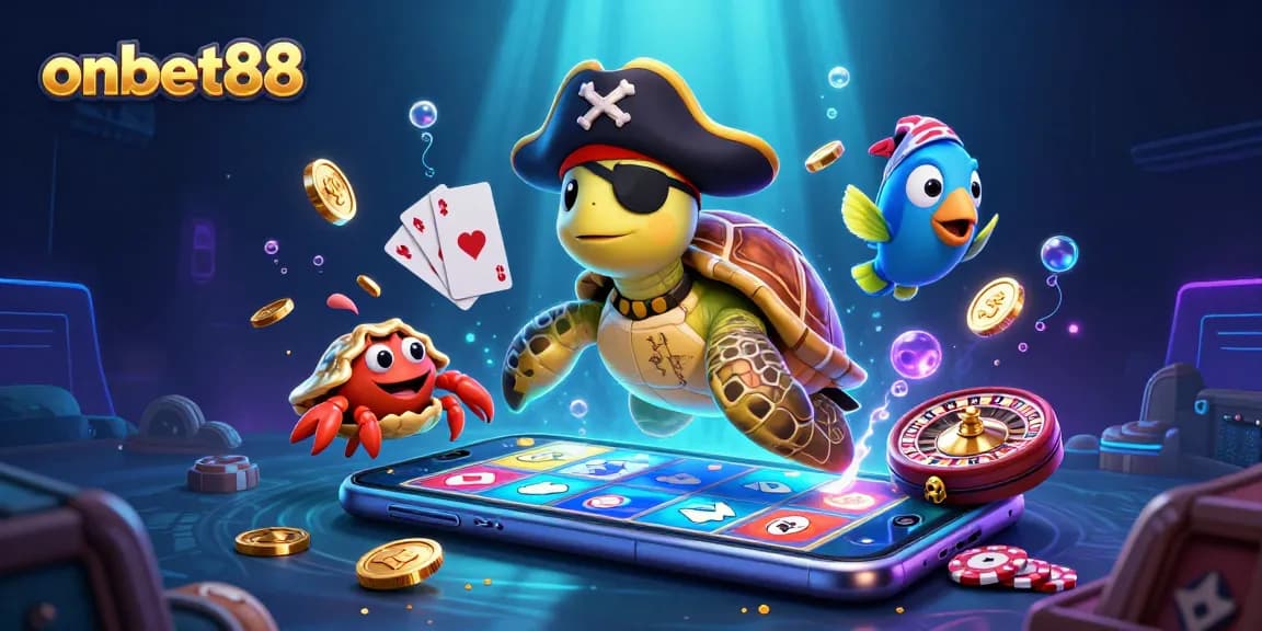 Experience thrilling slots at onbet88 with a pirate turtle and vibrant casino elements. Join now!