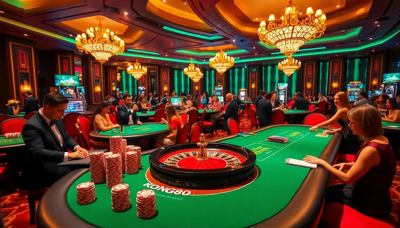 KONG88 casino players enjoying high-stakes poker at an elegant gaming table.