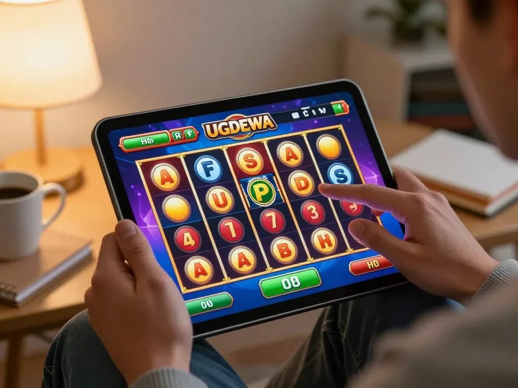 Players immersed in UGDEWA online slot gameplay, showcasing vibrant game interface during cozy home gaming session.