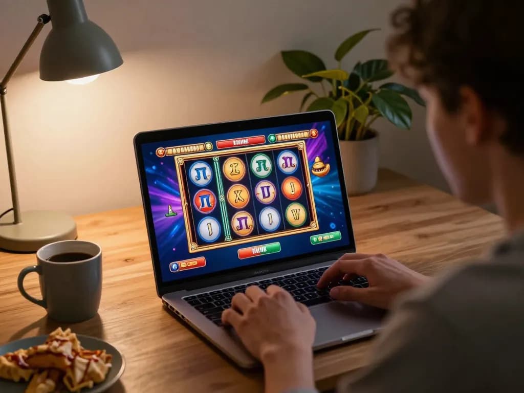 Player enjoying aman788 online slots with vibrant visuals on laptop at home, promoting responsible gaming.