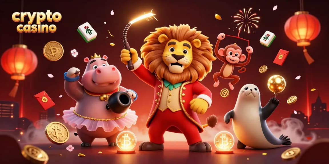 Engage the crypto casino world with this vibrant 3D illustration of a lion ringmaster and playful characters.