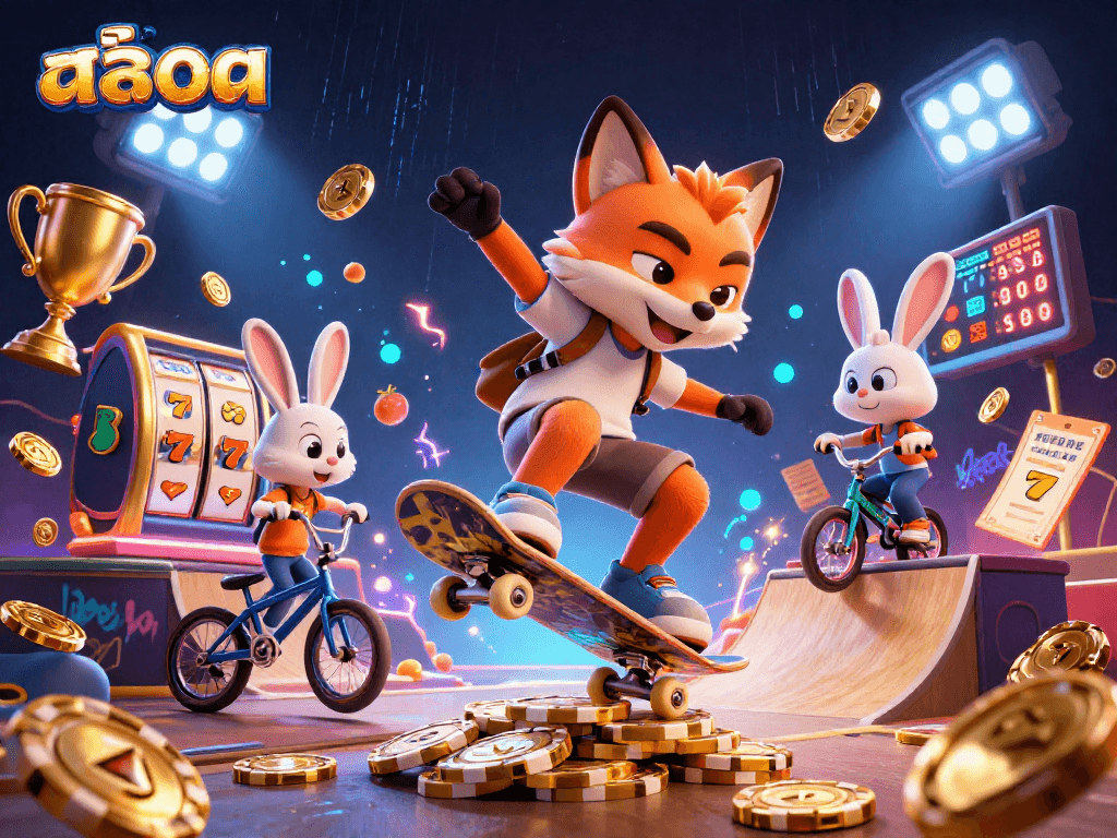 Experience thrilling สล็อต gameplay with our cartoon fox and rabbit in a vibrant casino atmosphere.
