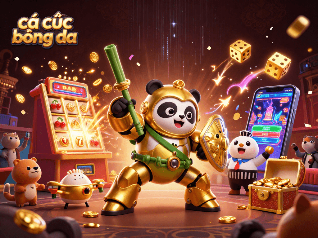 Cá cược bóng đá, mô phỏng hình ảnh hoạt động cá cược hấp dẫn với robot và các biểu tượng sòng bạc.