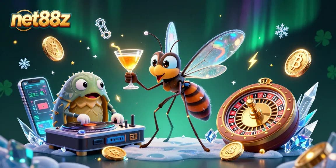 Experience net88z with a casino mascot and trilobite DJ in a vibrant 3D illustration.