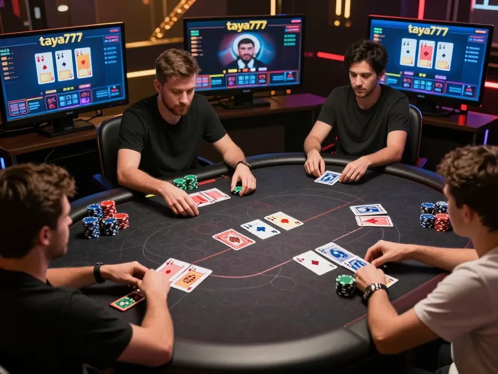 TAYA777app on display as players enjoy online poker with vibrant chip stacks and community cards.
