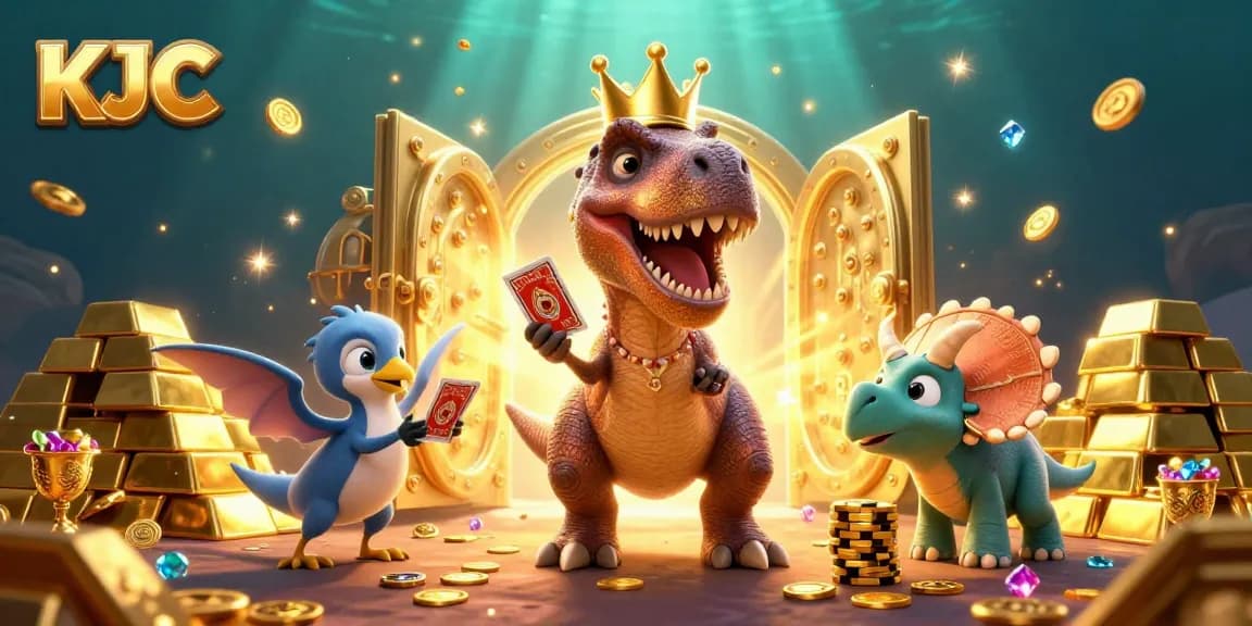 KJC engages players with a cartoon scene of a T-Rex shuffling cards and friends stacking chips in a treasure-filled casino.