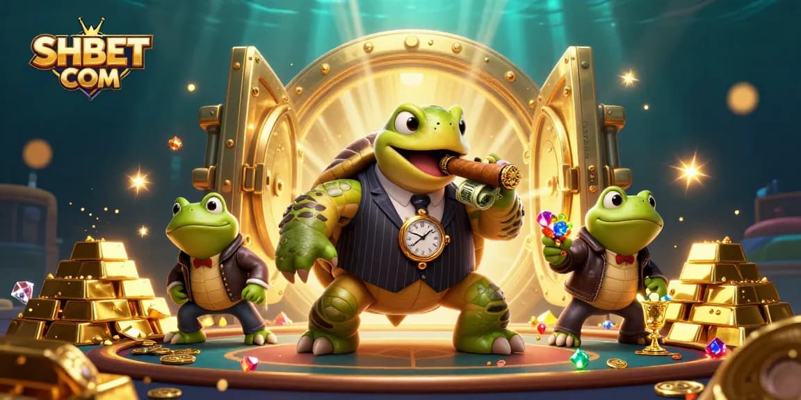 Experience the thrill of SHBET COM with vibrant casino action featuring a mobster turtle and frog enforcers.