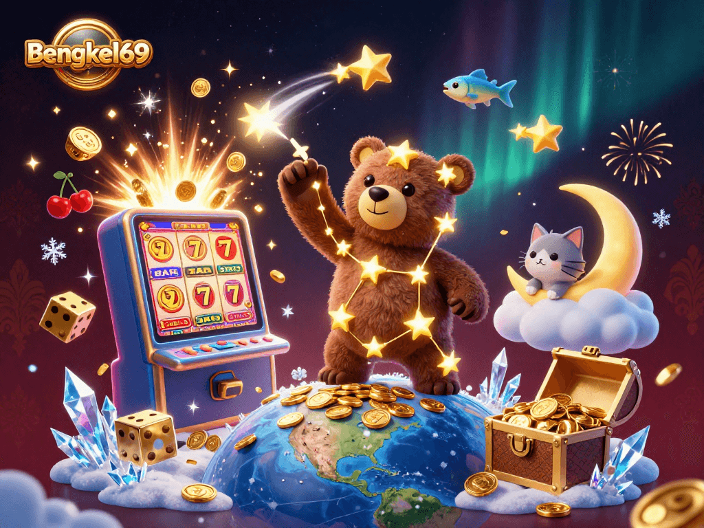 Bengkel69 showcases a vibrant 3D casino scene with cartoon characters and dynamic gaming elements.