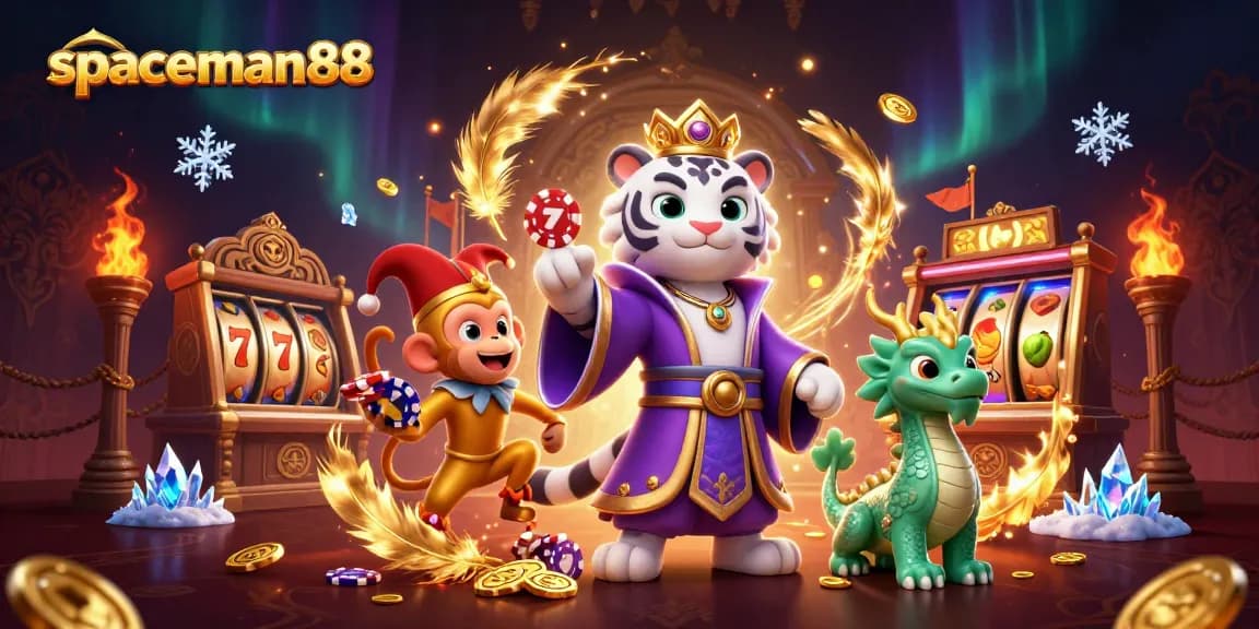 Experience the thrill of spaceman88 with vibrant characters and dynamic slot elements in this captivating illustration.