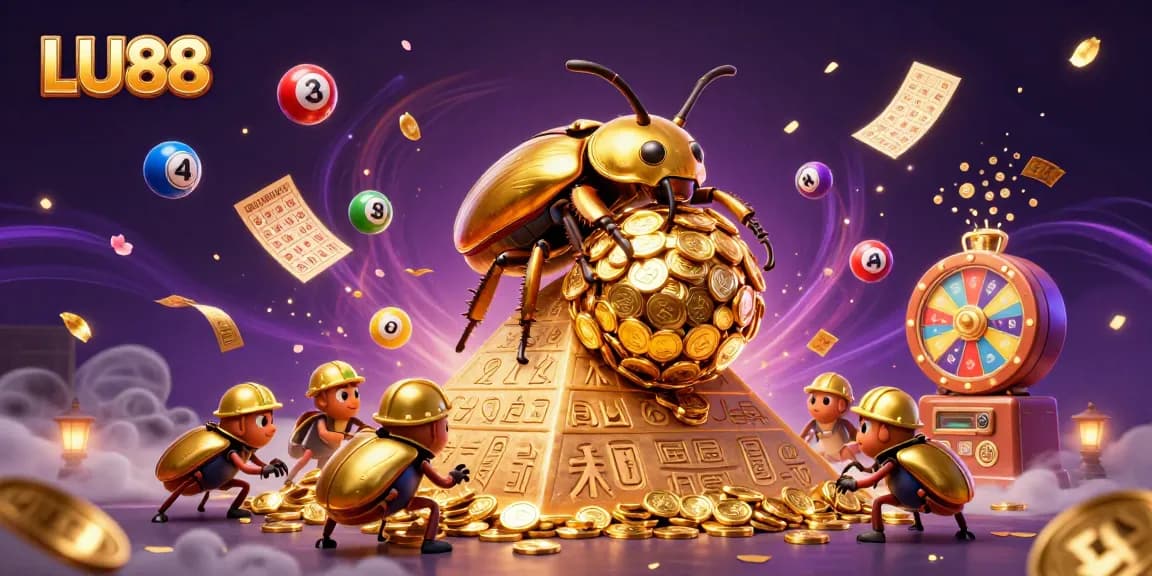 LU88 showcases a vibrant 3D casino scene with a golden beetle and dynamic game elements.