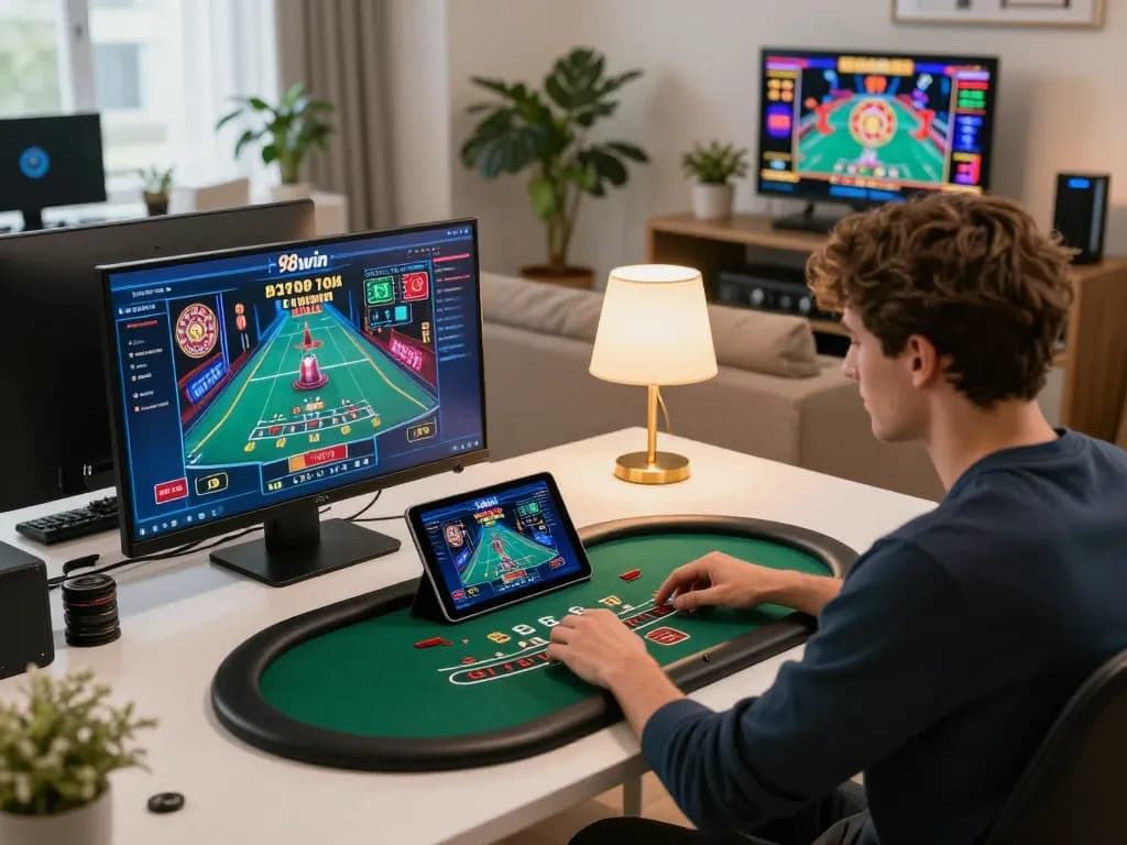 Engaging in the game 98win at home with tablet and gameplay interface