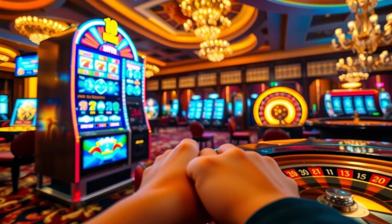 Player activating a slot gacor machine in a luxurious casino environment