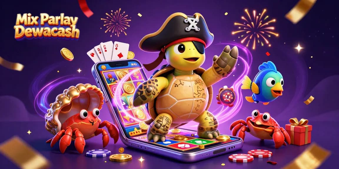 Spin and win with Mix Parlay Dewacash featuring vibrant 3D casino elements and characters celebrating above treasures.