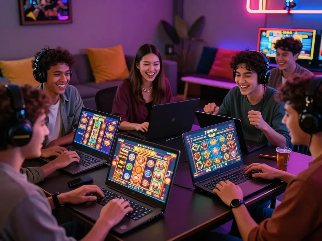 Players immersed in the exciting gaming atmosphere of zeus138, enjoying vibrant slot games together.