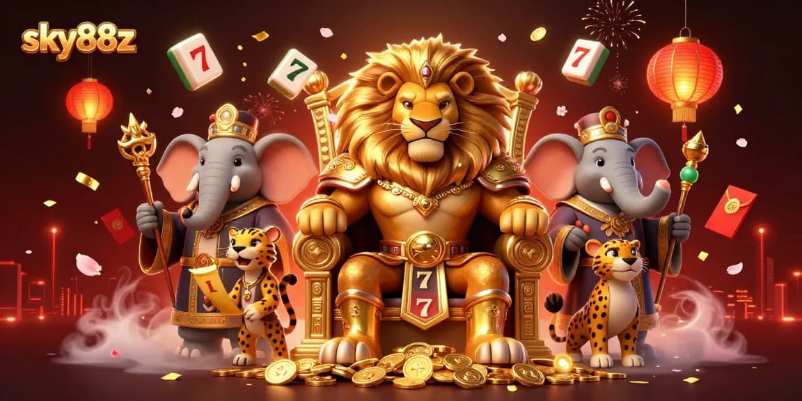 Engage with sky88z, featuring a dynamic 3D casino scene with a powerful lion king, magical game elements, and glowing lanterns.