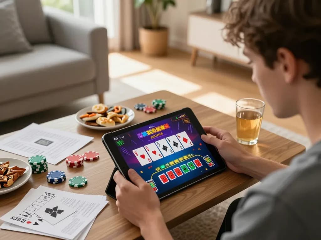 Player engaging with non gamstop online blackjack interface on tablet, cozy home setup creating an inviting atmosphere