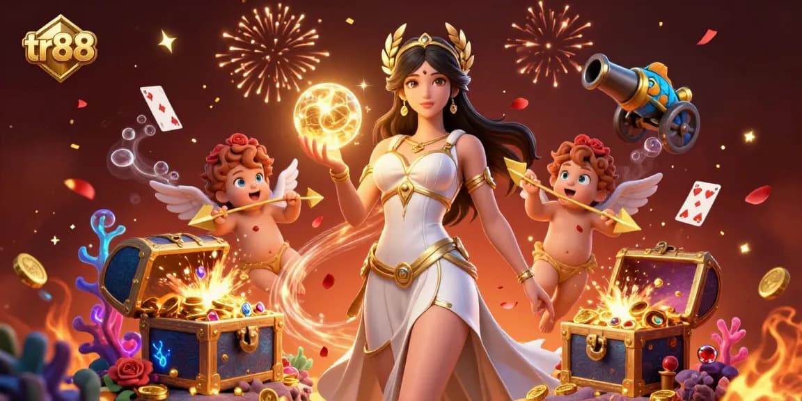 Bet on tr88 with exciting 3D illustration featuring goddess, cherubs, and casino elements.