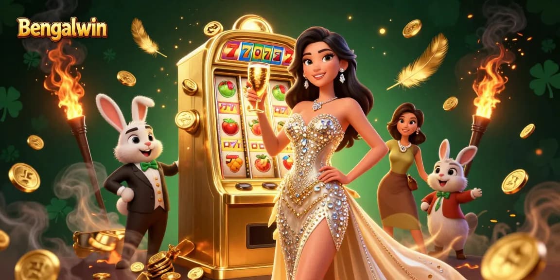 Bengalwin attracts players with an indulgent casino scene featuring lively slot machines, a glamorous woman celebrating, and a charming bunny croupier.