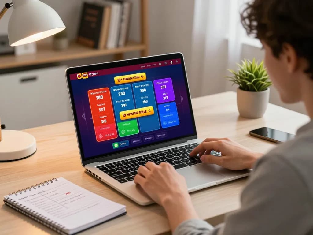 Togel deposit pulsa gaming setup showcasing an enthusiastic player engaging with an interactive online game interface.