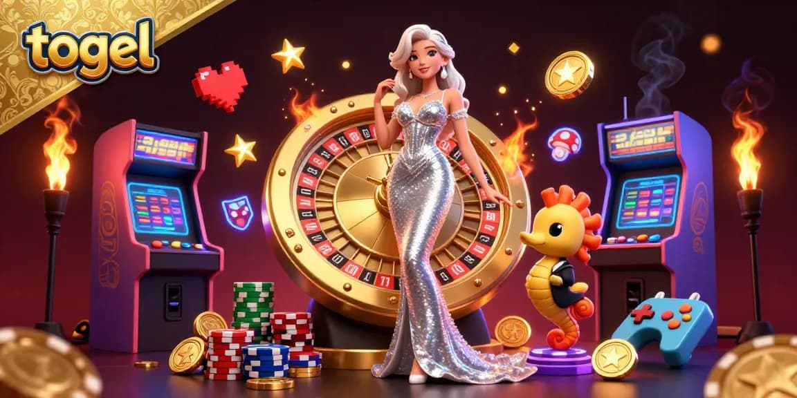 Experience togel excitement as a glamorous figure poses beside a golden roulette wheel, adorned with vibrant gaming elements.