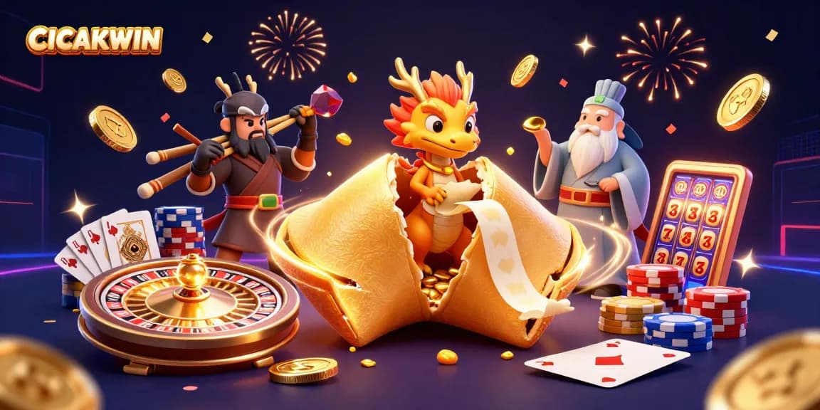CICAKWIN features a dynamic casino scene with a magical fortune cookie and gaming elements.