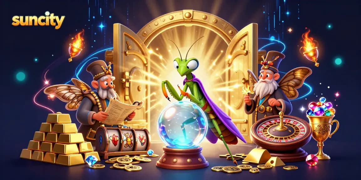 Suncity offers thrilling gaming among treasure and mystery in a vibrant casino illustration.
