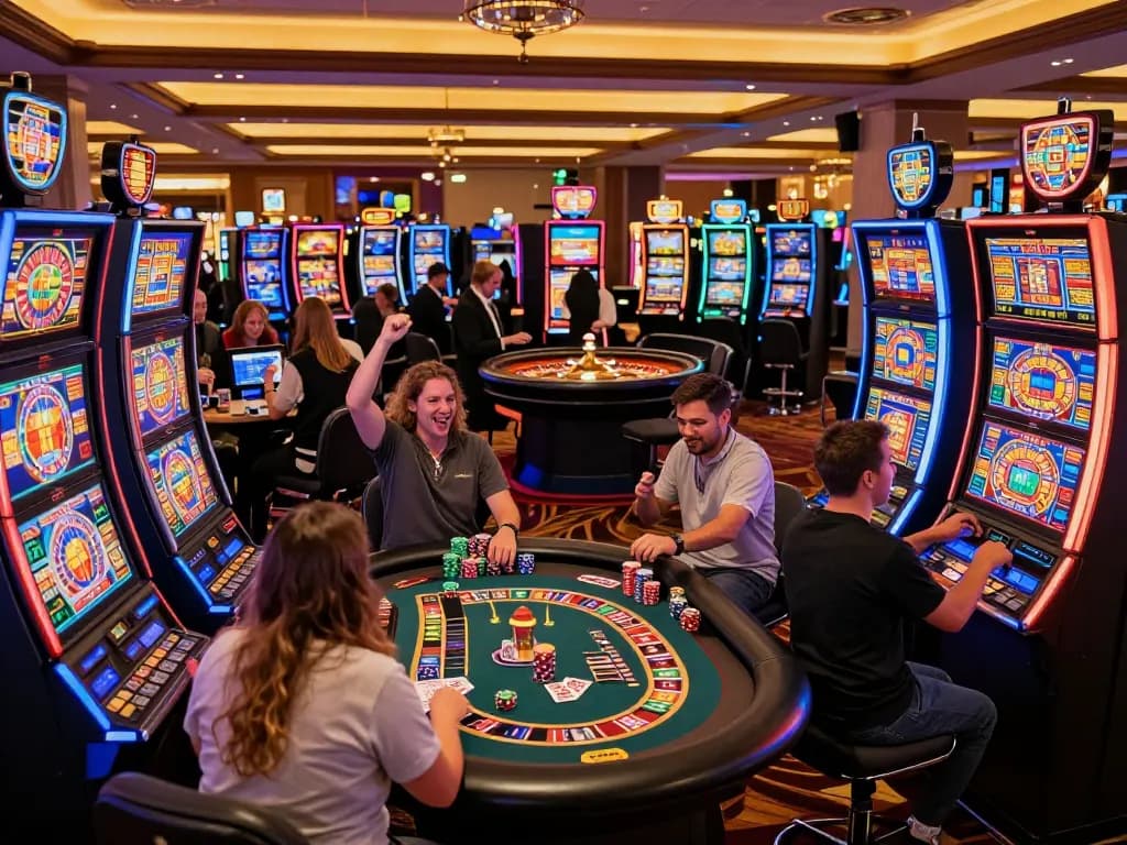 Players enjoying their time at a vibrant trang casino, spinning slots and watching roulette.