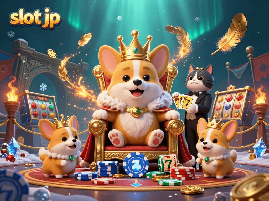 Spin and win with slot jp as royal corgis celebrate in a vibrant casino scene.