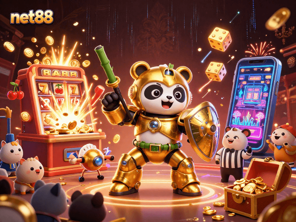 Experience exciting gameplay at net88 with a dynamic golden panda battling in a vivid casino setting.
