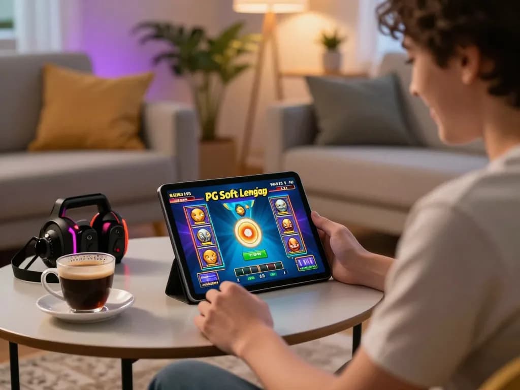 Pemain yang terlibat menikmati demo PG Soft Lengkap slots di tablet di ruang tamu yang nyaman.