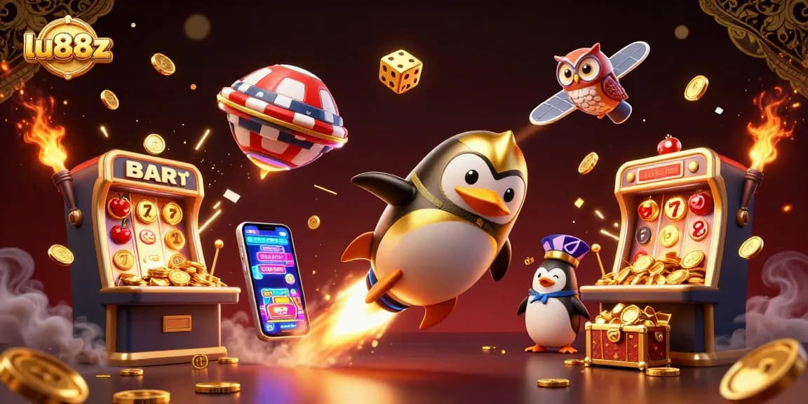 lu88z rockets through an imaginative casino space, splashed with vibrant symbols and coins making for an electrifying scene.