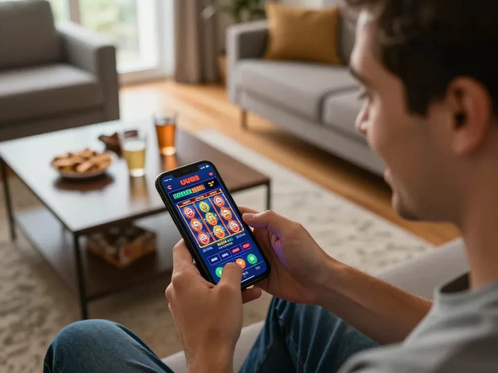 UU88 mobile user engaged in vibrant casino gameplay on smartphone in cozy home setup.
