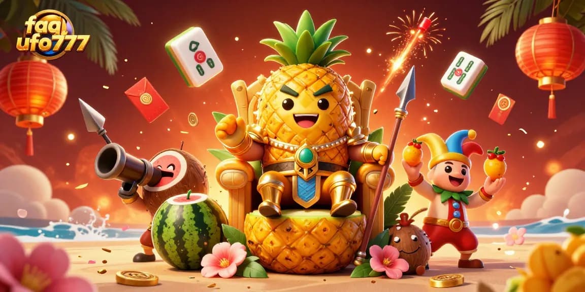 Experience the vibrant casino atmosphere with faq ufo777, featuring a golden pineapple king and lively characters amid rich game elements.
