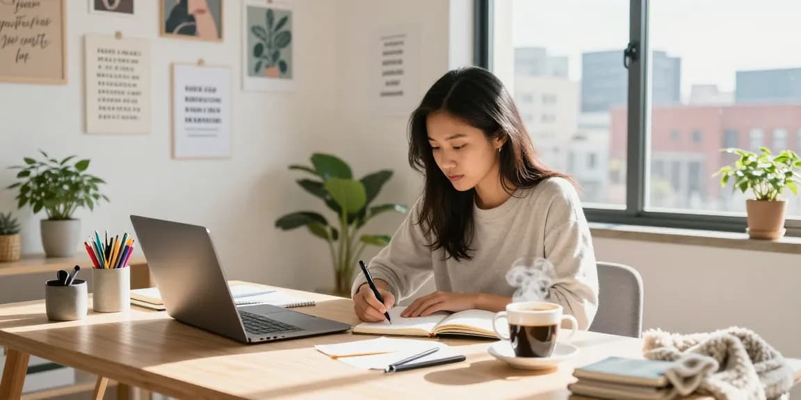 Workspace inspiratif dengan wanita kreatif menulis tentang halte4d.