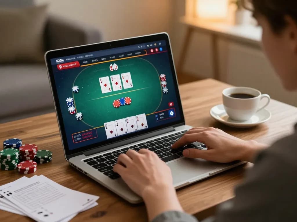 cm88 player engaging in strategic online poker at home, laptop displaying game interface