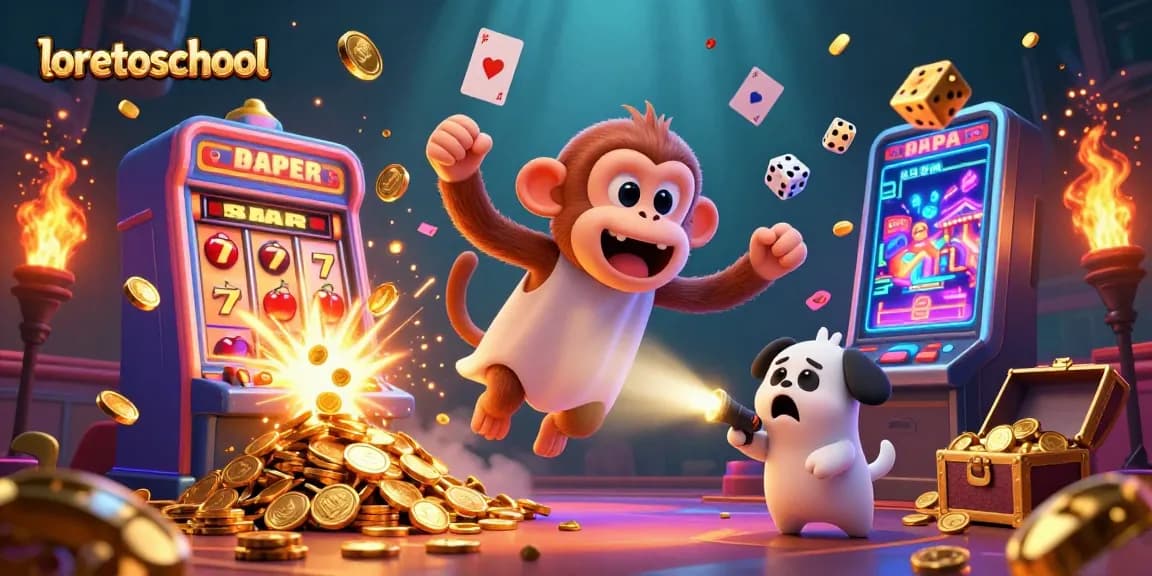 Join the excitement at loretoschool's vibrant casino featuring golden coins and a playful puppy.