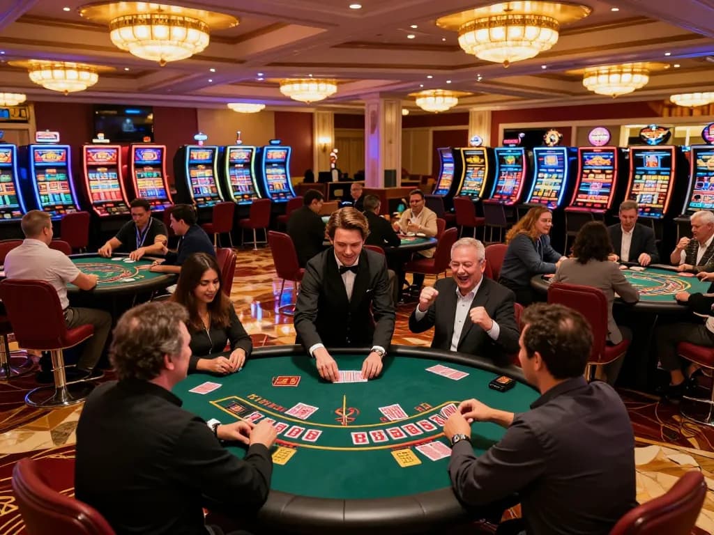 Situs resmi menampilkan lantai kasino yang energik dengan pemain di meja blackjack dan roulette, menyoroti permainan yang dinamis dan semangat.