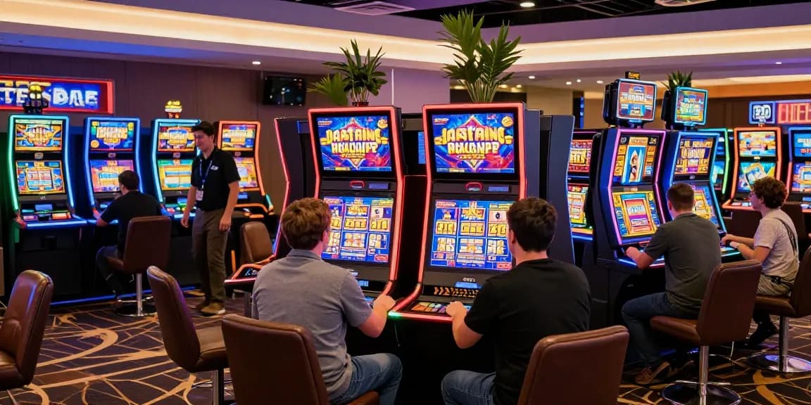 Experience vibrant non uk slots at a lively casino with diverse players and exciting gaming stations.