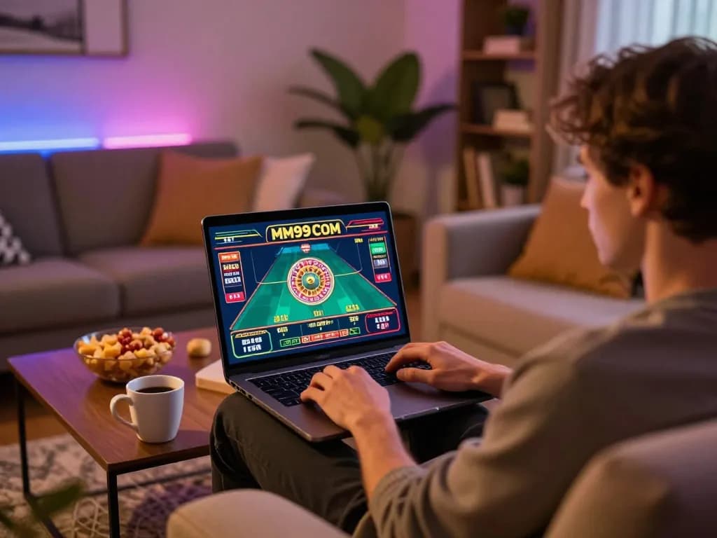 Engaging in online gaming at MM99 COM, a player enjoys a cozy home setup with laptop and snacks.