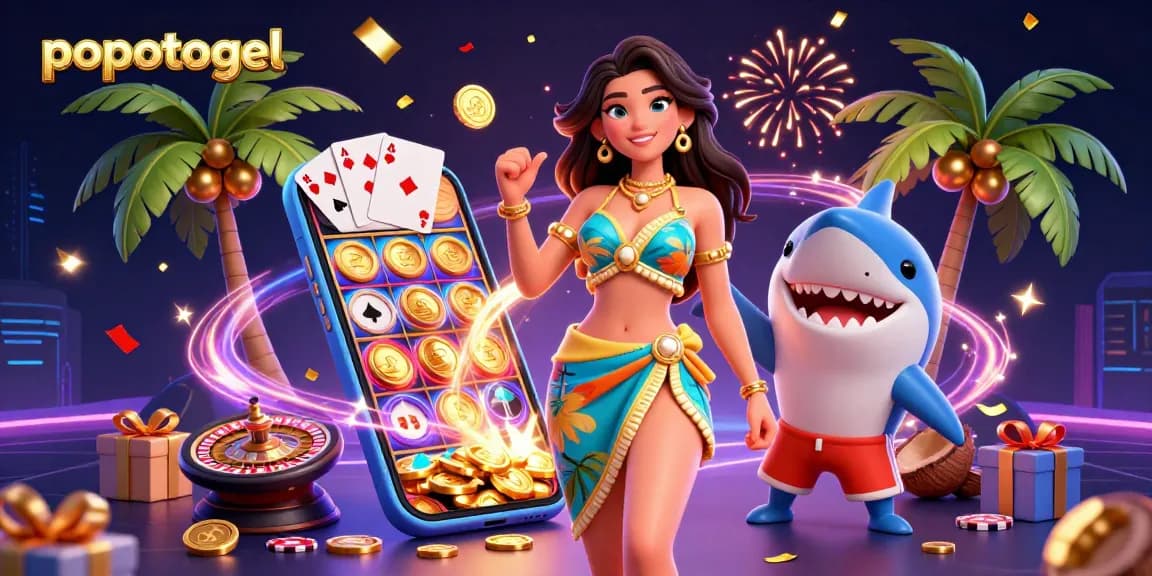 Spin the reels with popotogel in this vibrant casino scene featuring a festive atmosphere and engaging characters.