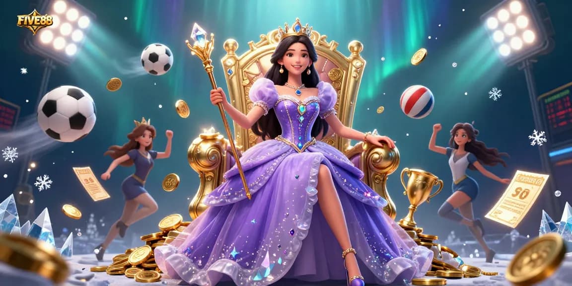 Bet on FIVE88 with elegant visuals of sports elements and a royal theme reflecting casino excitement.
