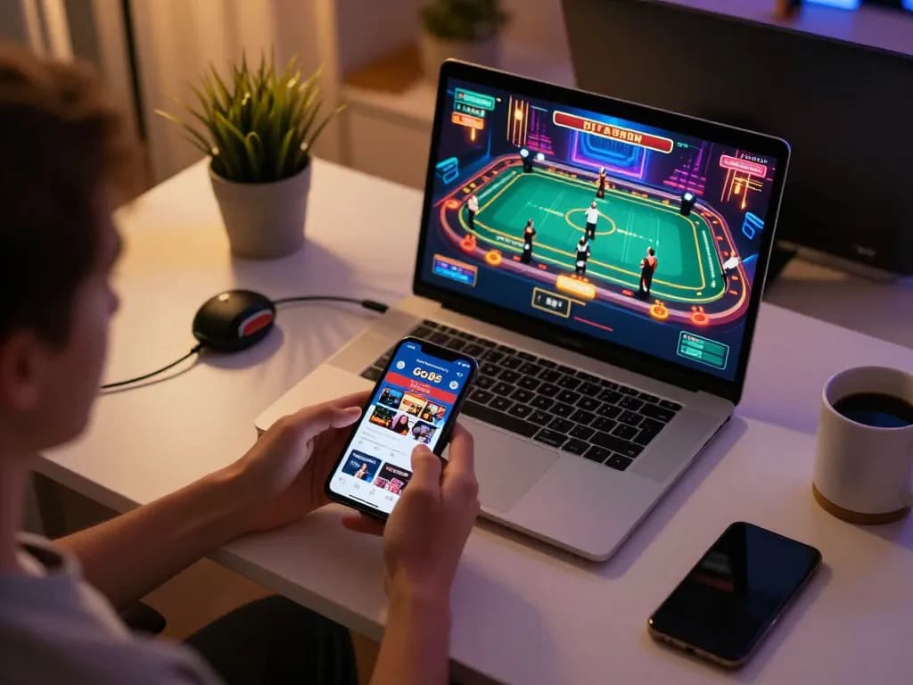 Player engaging with Go88 casino app on smartphone during online gaming session, showcasing modern home setup