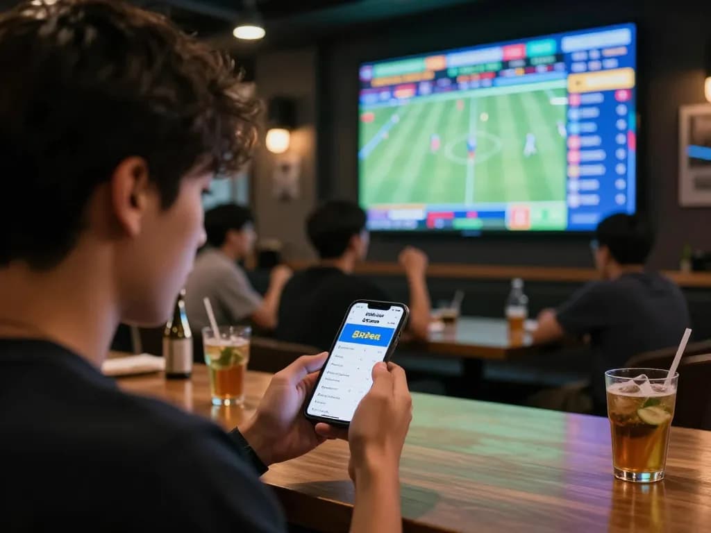 Engaged sports bettor using nhà cái 8xbet app while watching live games.
