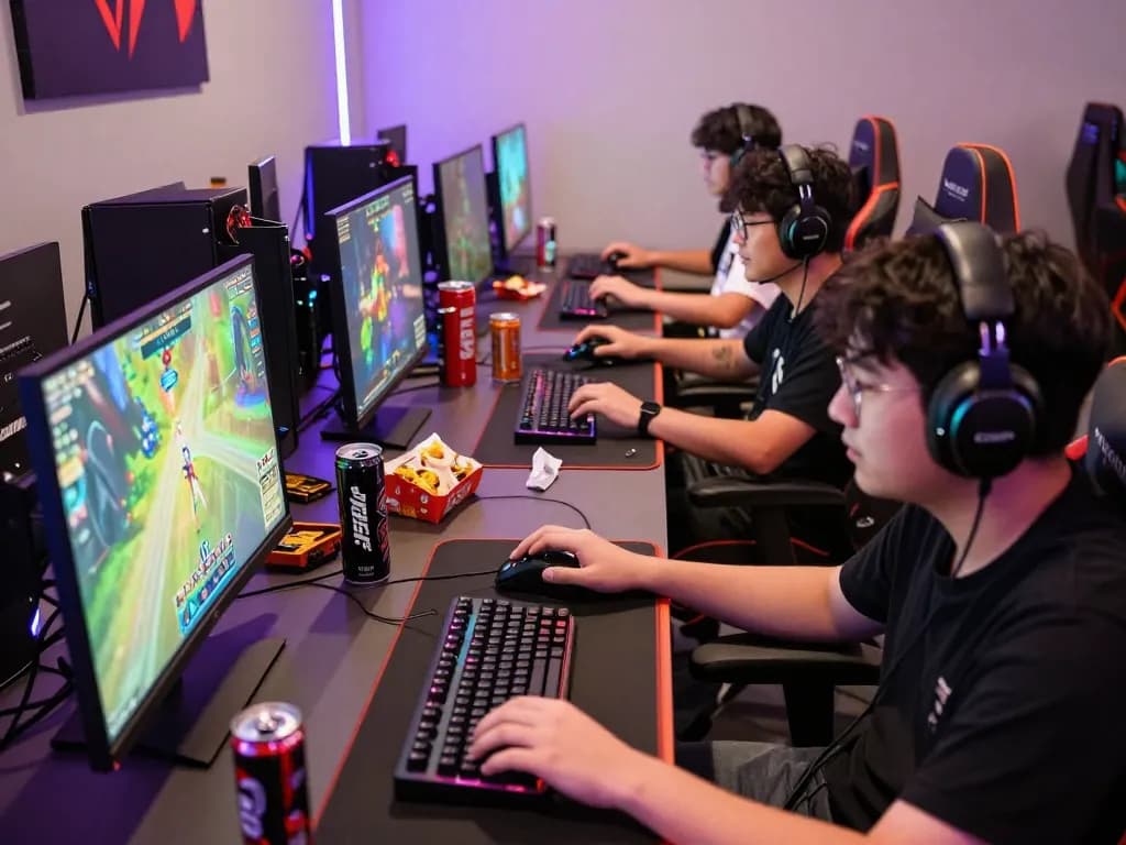 Gamers playing dragon77 online games in an exciting, vibrant gaming room.