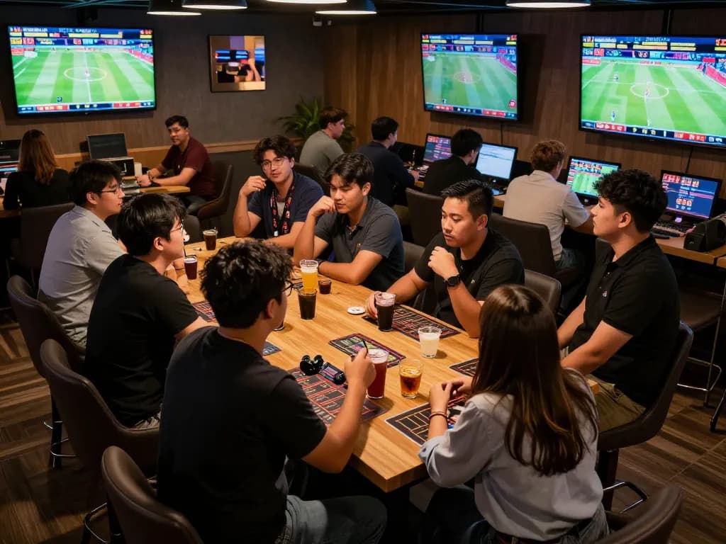 Excited bettors analyzing odds and placing bets at tg88 sports lounge.