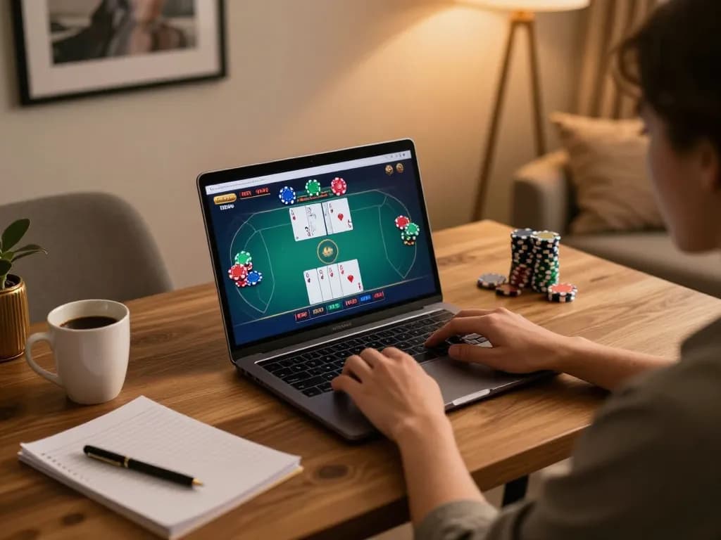 Engaging online gaming scene at uu88 with player using laptop for poker while taking notes.